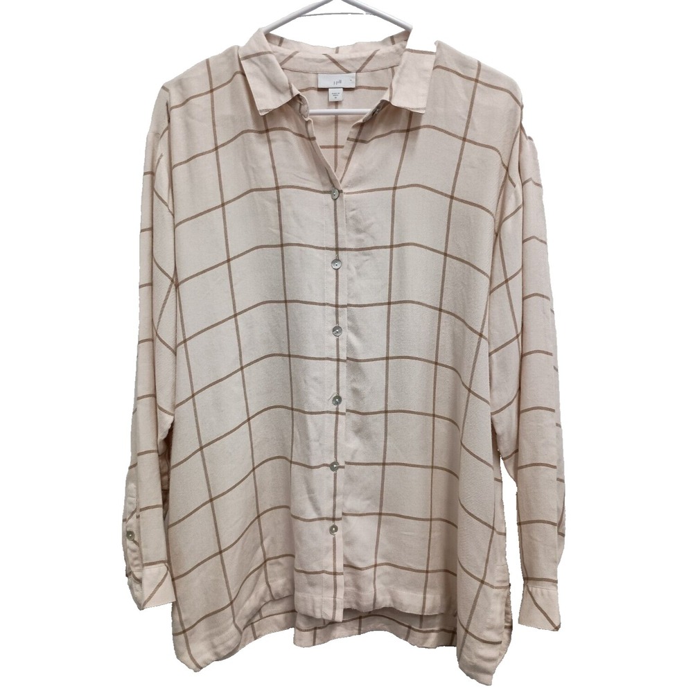 J. Jill Shirt Womens Medium Ivory Windowpane Long Sleeve Button Up Preppy Top